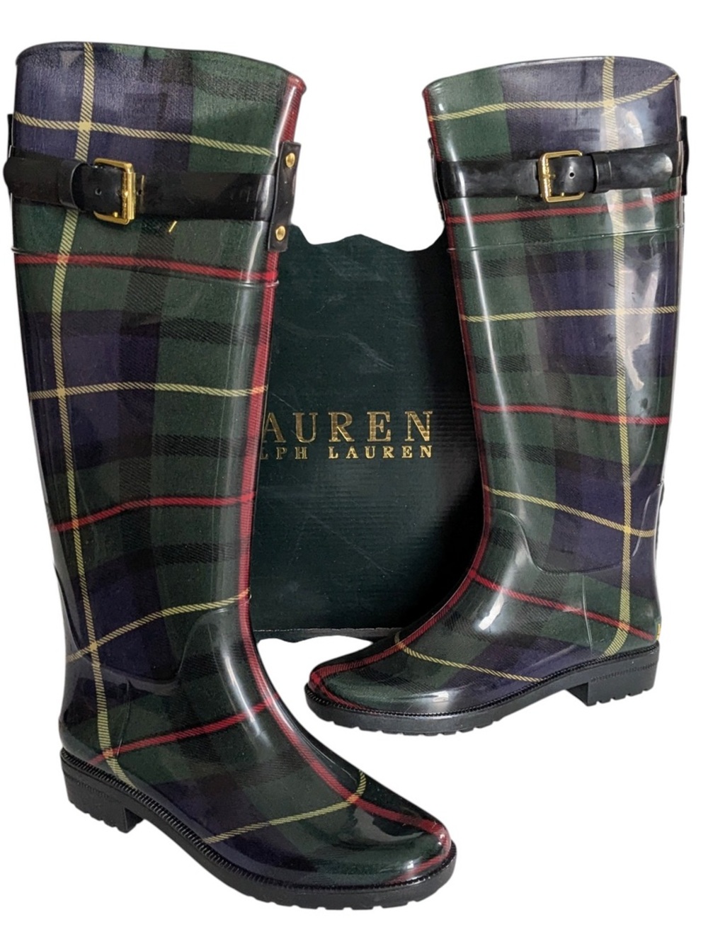 Ralph Lauren Green Plaid Knee-High Rain Boots with Black Strap